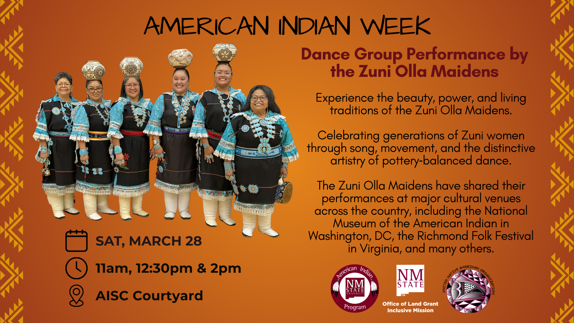 The image is a promotional poster for the "Miss Native American NMSU Pageant," part of American Indian Week. The background is a vibrant orange with circular and starburst light effects in warm tones. At the top, a red banner with white text reads "Miss Native American NMSU Pageant" flanked by spotlights. Below, a decorative border with lights surrounds a central text box that announces the cultural theme of the pageant. To the right, an illustration of a colorful, beaded crown is shown.  In the lower section, a photo of a woman wearing a crown and sash labeled "2025-2026 Miss Native American NMSU Dylan Carlisle" is displayed. Adjacent are event details scheduled for "Friday, March 27 from 5:30 – 7:30pm at CCSU Auditorium" with corresponding icons for a calendar, clock, and location. At the bottom, logos for NMSU and related organizations are presented alongside a heart-shaped label stating "All are welcome here."  Alt-text:  Promotional poster for the Miss Native American NMSU Pageant on March 27.  Transcribed Text:  American Indian Week Miss Native American NMSU Pageant An indigenous cultural pageant rooted in ancestral knowledge, traditional expression, and leadership shaped by community 2025-2026 Miss Native American NMSU Dylan Carlisle Friday, March 27 5:30 – 7:30pm CCSU Auditorium All are welcome here NM State Office of Land Grant Mission American Indian Program